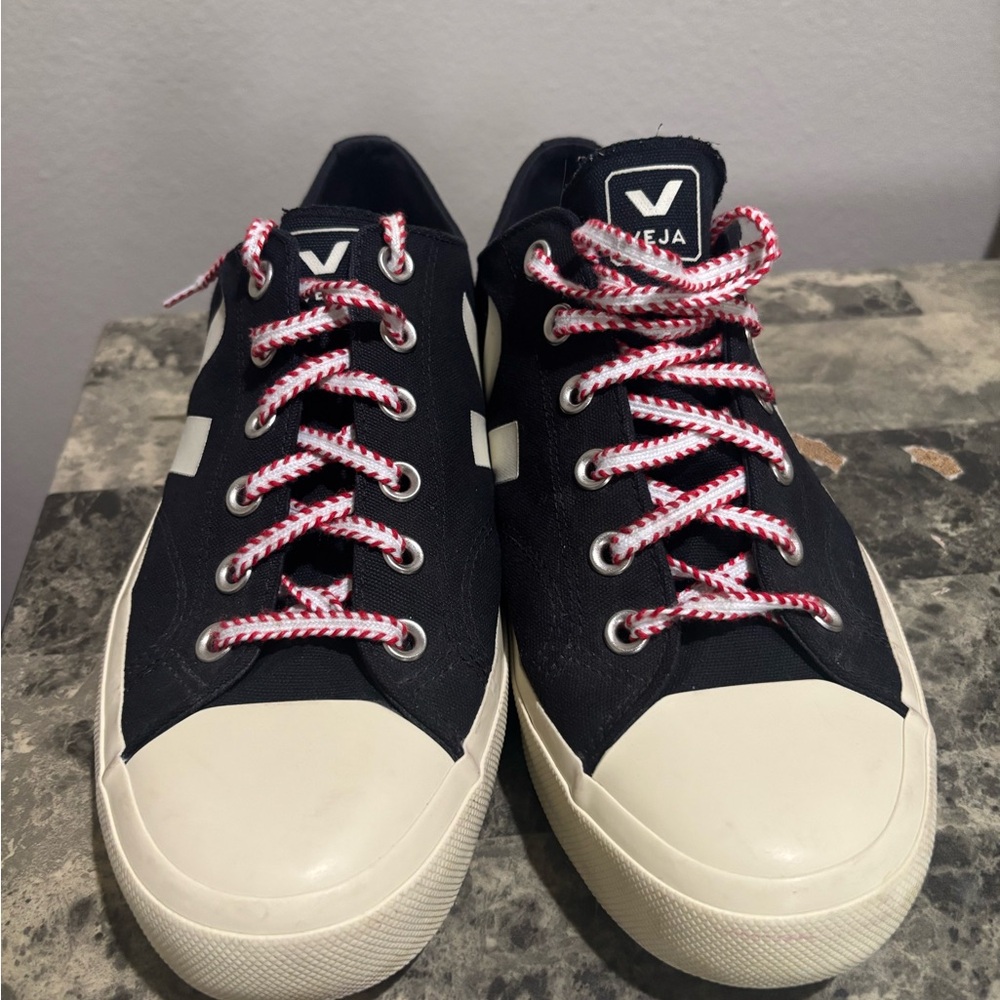 Veja Black and Cream Watta II Low Canvas Sneakers with Red and White Laces